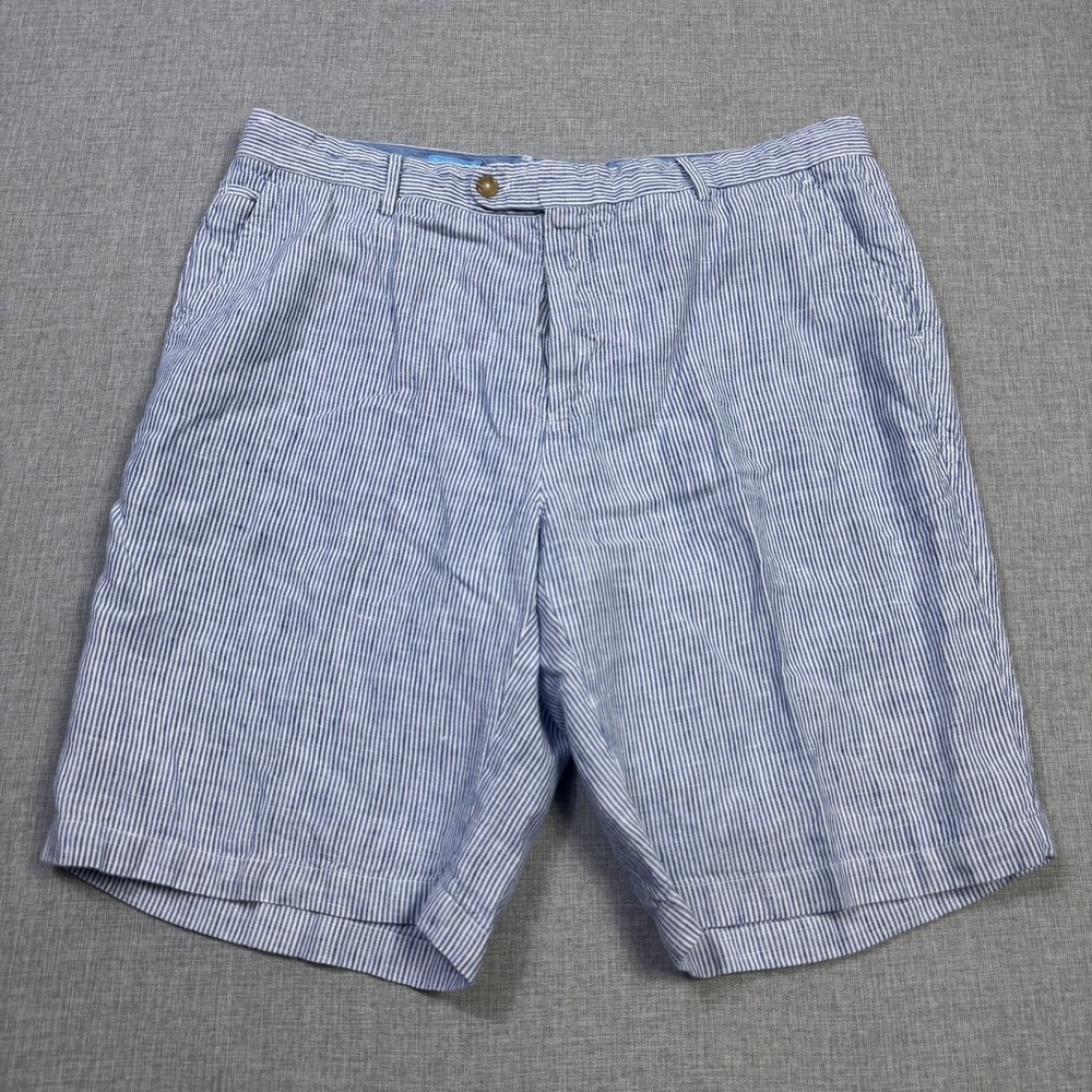 J. McLaughlin Pleated Lined Bermuda Shorts Mens 38 Blue Linen Striped 10" Inseam